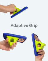 Adaptive grip device being used on a smartphone with 'Adaptive Grip' text displayed.
