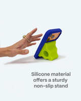 Phone case with a stand feature on a white background with text saying silicone material that offers a sturdy non slip stand