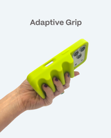 Hand holding a phone with a yellow adaptive grip case on a white background