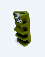 Sage green Geta phone case standing upright on a white background