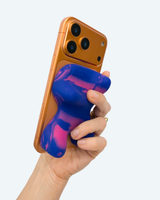 Hand holding a phone with a blue and pink case against a white background