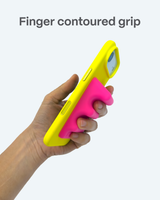 Hand holding a phone with a pink and yellow grip on a white background