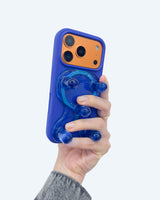 Hand holding a phone with a blue case against a white background