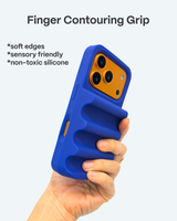 Blue finger contour grip on a phone with text highlighting features on a white background