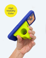 Hand holding a phone with a blue and green case on a white background, with text saying HIGH VISIBILITY COLOR