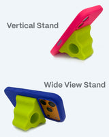 Two phone stands, one pink and green, the other blue and green, on a white background.
