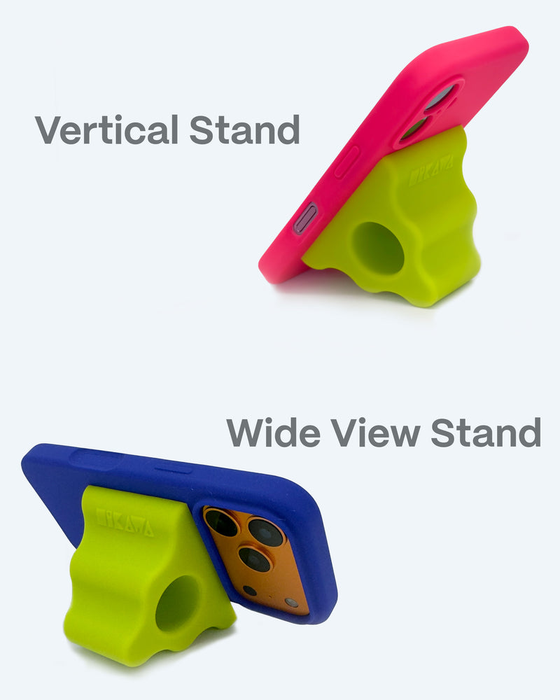 Two phone stands, one pink and green, the other blue and green, on a white background.
