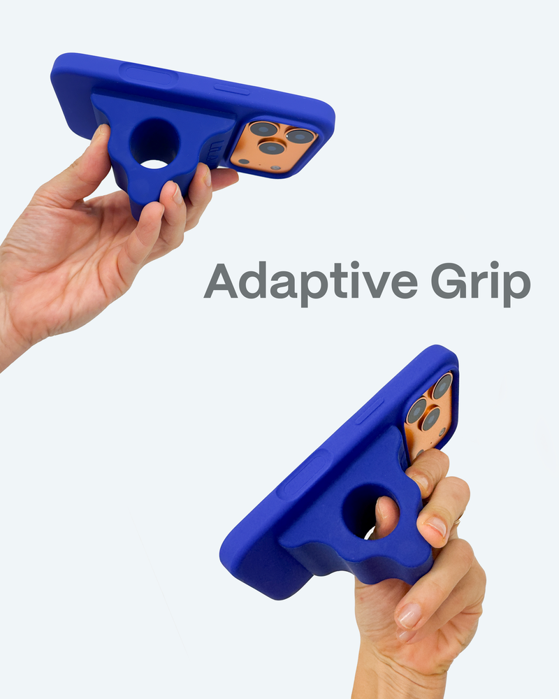 Blue adaptive grip device held by a hand with 'Adaptive Grip' text on a light gray background
