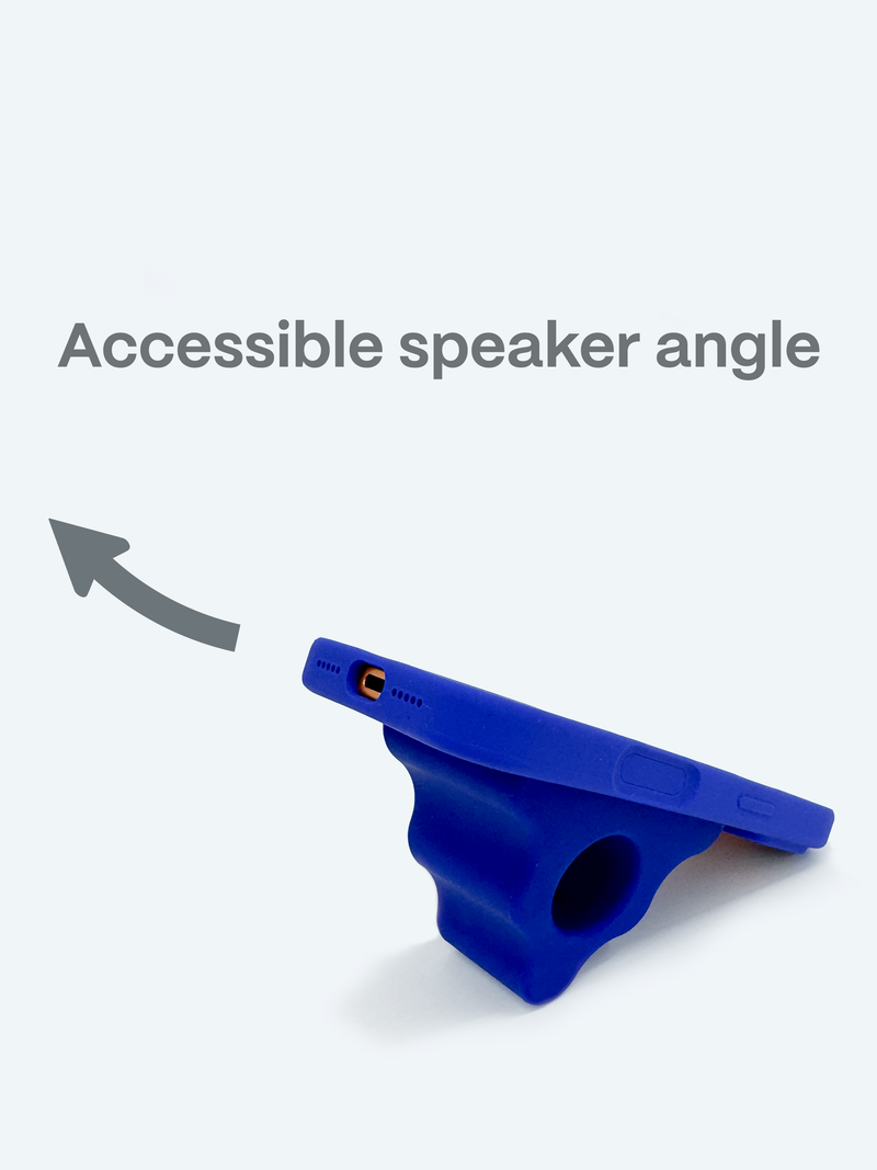 Blue phone stand with accessible speaker angle feature on a white background