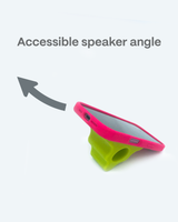 Phone holder with a pink phone on a white background, labeled 'Accessible speaker angle'.