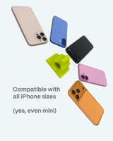 Colorful phone cases displayed around a central green case on a light gray background. Text that says compatible with all iPhone sizes, yes even mini iPhones.