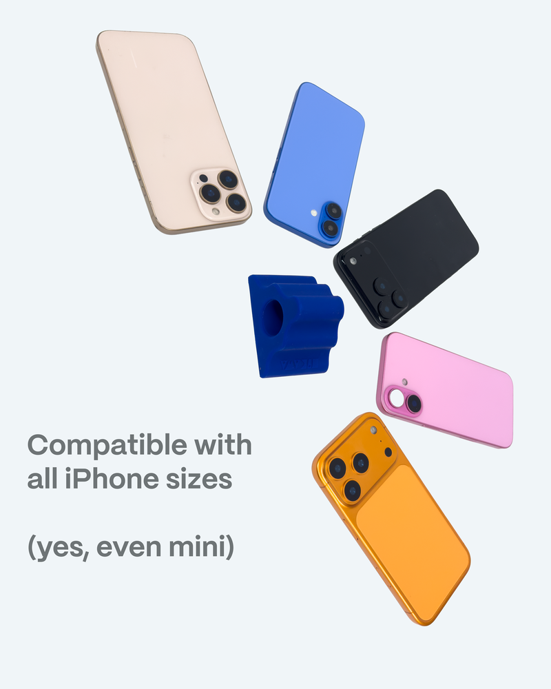 Collection of smartphones in various colors on a light gray background with text indicating compatibility with all iPhone sizes.