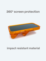 Orange screen protector with text '360° screen protection' and 'impact resistant material' on a white background