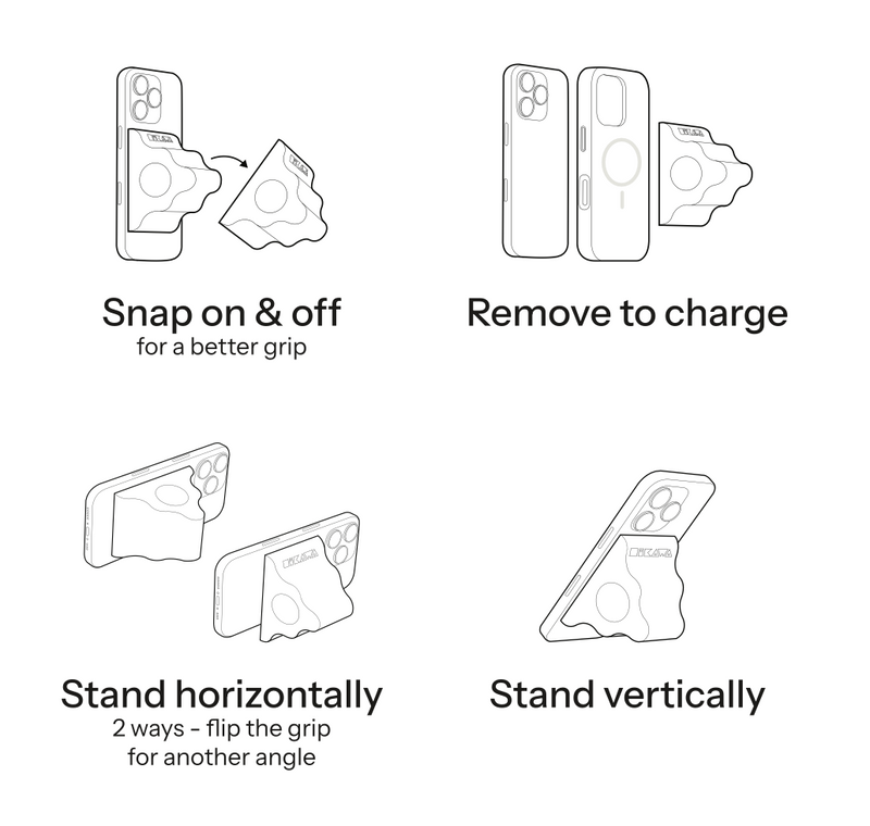 Instructions for using a phone grip with text on how to snap it on, remove it to charge, and use it horizontally or vertically.