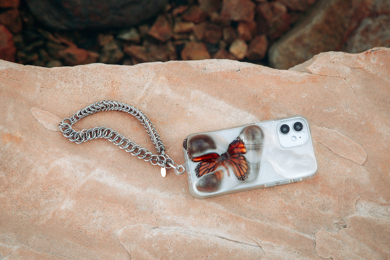butterfly phone case with stainless steel wristlet chain